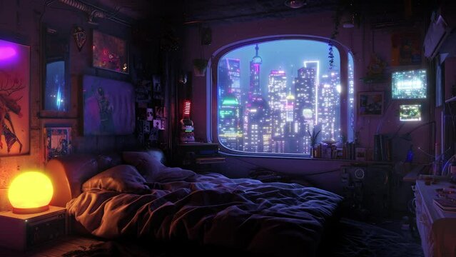 Neon lights inside and outside create a harmonious ambiance in this tech-savvy space. A futuristic bedroom with an expansive window revealing a brightly lit metropolis. Seamless loop animation render