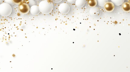 Obraz na płótnie Canvas Glam new years eve white gold background balloons disco balls confetti champagne glasses copy space