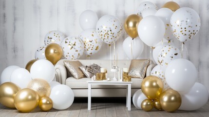 Fototapeta na wymiar Elegant white and gold new years eve party background with balloons and champagne glasses