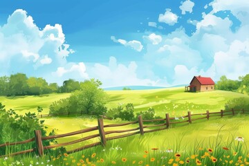 A serene summer day in the countryside, a vibrant meadow of tall grass and colorful flowers surrounds a quaint house, as fluffy clouds drift across the vast blue sky - obrazy, fototapety, plakaty