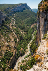 The Verdon Gorge canyon and Sainte Croix du Verdon in the Verdon Natural Regional Park, France. Panoramic view at sunny day. - 739536382