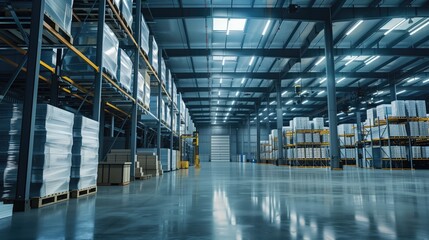 Light modern warehouse logistics transporation distribution packaging centre interior with no people perspective low angle shot - obrazy, fototapety, plakaty