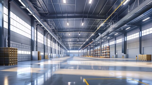 Light sunny almost empty modern warehouse logistics centre interior for transporation distribution and packaging with no people and perspective photo
