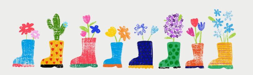 Collection of Cute colorful rubber boots with spring flowers isolated on a white background. Rubber shoes with flowers. Springtime. Trend flat design. Hand drawn kids cartoon vector illustration. - obrazy, fototapety, plakaty