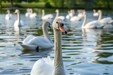A serene scene unfolds as a majestic flock of white swans glide gracefully across the tranquil waters, their elegant beaks glistening in the sunlight amidst the natural beauty of their aquatic habita