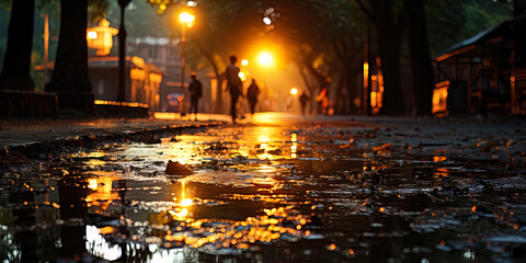 The game of shadows and light on a wet road, like watercolor paints on a canvas of an artis
