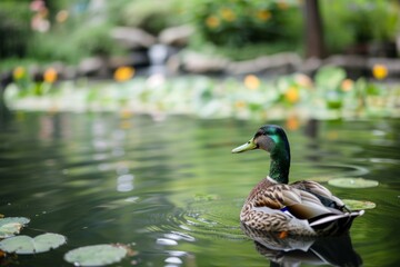 Fototapeta premium A graceful mallard glides through the serene, emerald waters surrounded by vibrant plants, showcasing the peaceful beauty of nature's aquatic bird