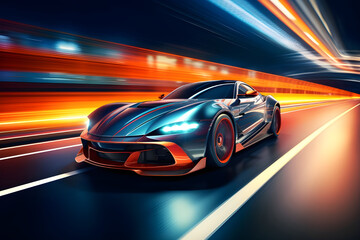 Futuristic sports car on neon highway powerful acceleration of a supercar - Ai Generated