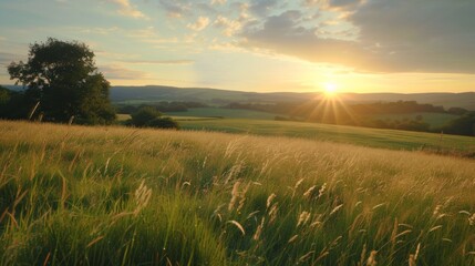 A tranquil landscape of golden wheat fields bathed in the warm glow of a setting sun, surrounded by a vast expanse of green grass and dotted with tall trees and fluffy clouds in the sky