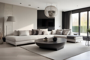 Fototapeta na wymiar The modern living room of a contemporary home includes an angled canapé and a low table design.
