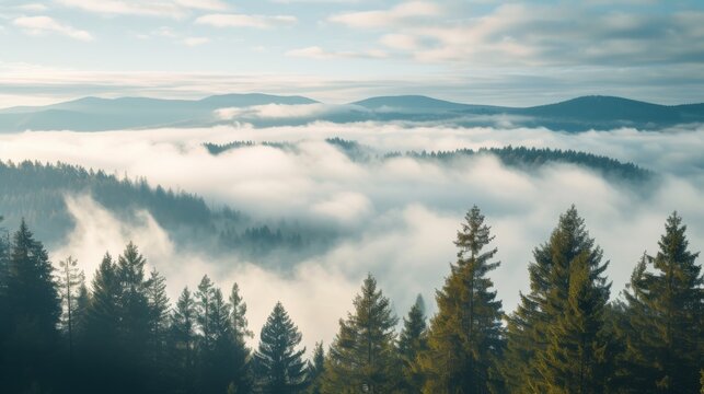 A misty autumn morning envelops the rugged mountain landscape, shrouding the towering spruce and larch trees in a veil of fog as they stand tall in the wild, untamed wilderness