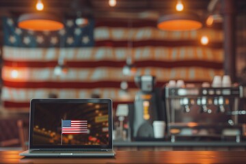 Workspace Aesthetic Laptop Mockup with Symbolic USA Flag in Coffee Shop. laptop in cafe