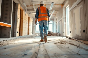 Fototapeta premium A rugged blue-collar worker, donning a hard hat and orange vest, confidently strides through the abandoned building in his sturdy jeans and work boots, a symbol of resilience and determination in the