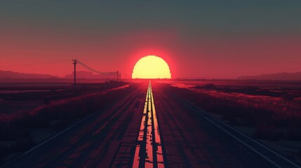 Fototapeta premium As the sun sets on the horizon, casting a warm red glow over the landscape, a lone figure walks down the outdoor track, basking in the peacefulness of the evening sky