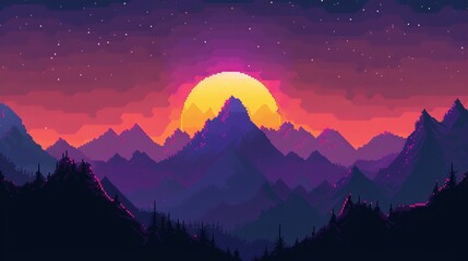 Vibrant hues paint a majestic scene of pixelated mountains and trees against a cosmic sky, evoking a sense of wonder and tranquility in this breathtaking pixel art