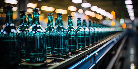 The side view of the conveyor, demonstrating the long lines of bottles, creating a feeling of endl - obrazy, fototapety, plakaty