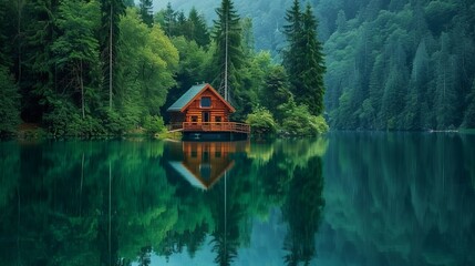 Obraz premium A serene escape nestled among the trees, with a tranquil lake reflecting the majestic mountains and a quaint boathouse perched on the water's edge
