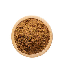 cinnamon powder in a wooden bowl isolated on a white background, top view.