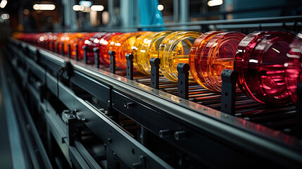 The side view of the conveyor showing many parallel ribbons filled with bottles of various shapes