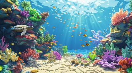 Fototapeta na wymiar Experience the mesmerizing beauty of an underwater world filled with vibrant marine life and intricate stony coral formations in this captivating video game set in a stunning coral reef