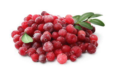 Frozen red cranberries and green leaves isolated on white