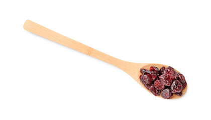 Spoon with dried cranberries isolated on white, top view