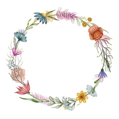 Abstract flowers round wreath. Watercolor circle frame background with hand drawn illustration isolated on white for woman and mother's day card banner design decor and print.