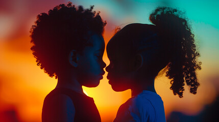 Afro children couple kissing at sunset. Afro-Colombian theme, sunset beach, orange and blue.  - obrazy, fototapety, plakaty