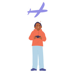 Preteen boy child cartoon character playing with radio controlled airplane vector illustration