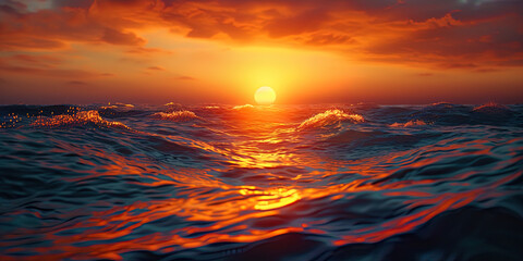 The sun, plunging into the sea at sunset, like slow farewell on the da - obrazy, fototapety, plakaty