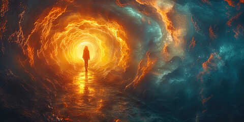 The tunnel, immersed in the twilight, like a portal in another world, full of secrets and rid - obrazy, fototapety, plakaty