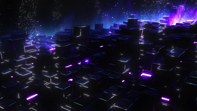 The convergence of technology and art, depicted through light and shapes. A cosmic display of lights, reflecting off angular terrains. Seamless loop animation render
