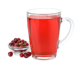 Cup of delicious cranberry tea and berries isolated on white