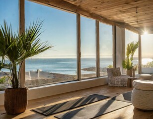 Obraz premium super realistic photo of a modern minimalistic yoga studio in the early morning on the beach