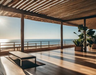 super realistic photo of a modern minimalistic yoga studio in the early morning on the beach