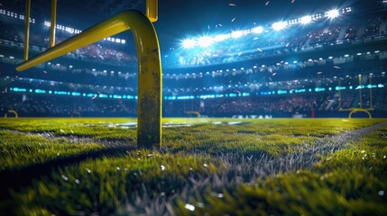 American football arena with yellow goal post, grass field and blurred fans at playground view - obrazy, fototapety, plakaty