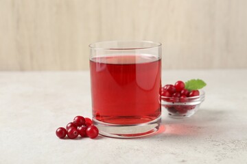 Tasty refreshing cranberry juice and fresh berries on light table