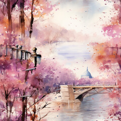 Painting: a bridge across the river. 