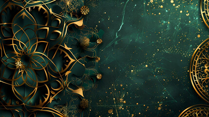 Ramadan banner with copy space, beautiful gold pattern on green background with space for text - obrazy, fototapety, plakaty