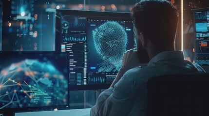 Big data analysis with AI technology for business analytics. Insights from data mining, filtering, sorting, clustering. Data scientist working on machine learning on virtual computer screen.