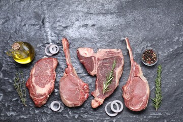Fresh raw beef cuts and different spices on grey textured table, flat lay