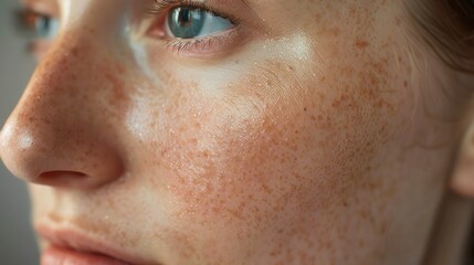 Close-up of female face with freckled skin. High-detailed shot of woman skin applying moisturizer.