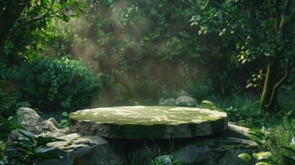 Flat stone podium in the magical forest , empty round stand background