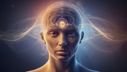 Consciousness Expansion, exploring altered states of consciousness for spiritual growth and self-exploration. Human face with spirituality Energy waves - obrazy, fototapety, plakaty