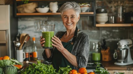 Healthy senior woman smiling while holding some green juice in her kitchen. Mature woman serving herself wholesome vegan food at home. Woman taking care of her aging body with a plant-based diet.