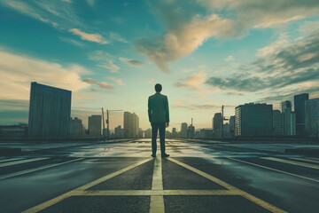Fototapeta na wymiar Businessman standing at crossroads, decisions concept 8k