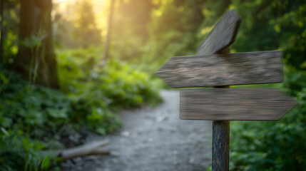 Focused on three old wooden blank arrow signs in motion blur, on a signpost, near a path in nature