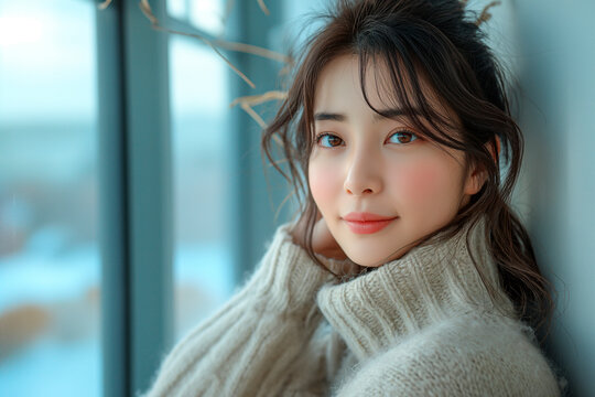 korean beauty skincare female model relaxing smilling holding skincare lotion packaging on face, minimal background, lotion advertising photography