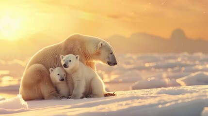 polar bear family, mother and baby together relax on snow. clean and bright white snowfield background with golden sun light