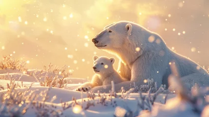 Fototapete polar bear family, mother and baby together relax on snow. clean and bright white snowfield background with golden sun light © buraratn